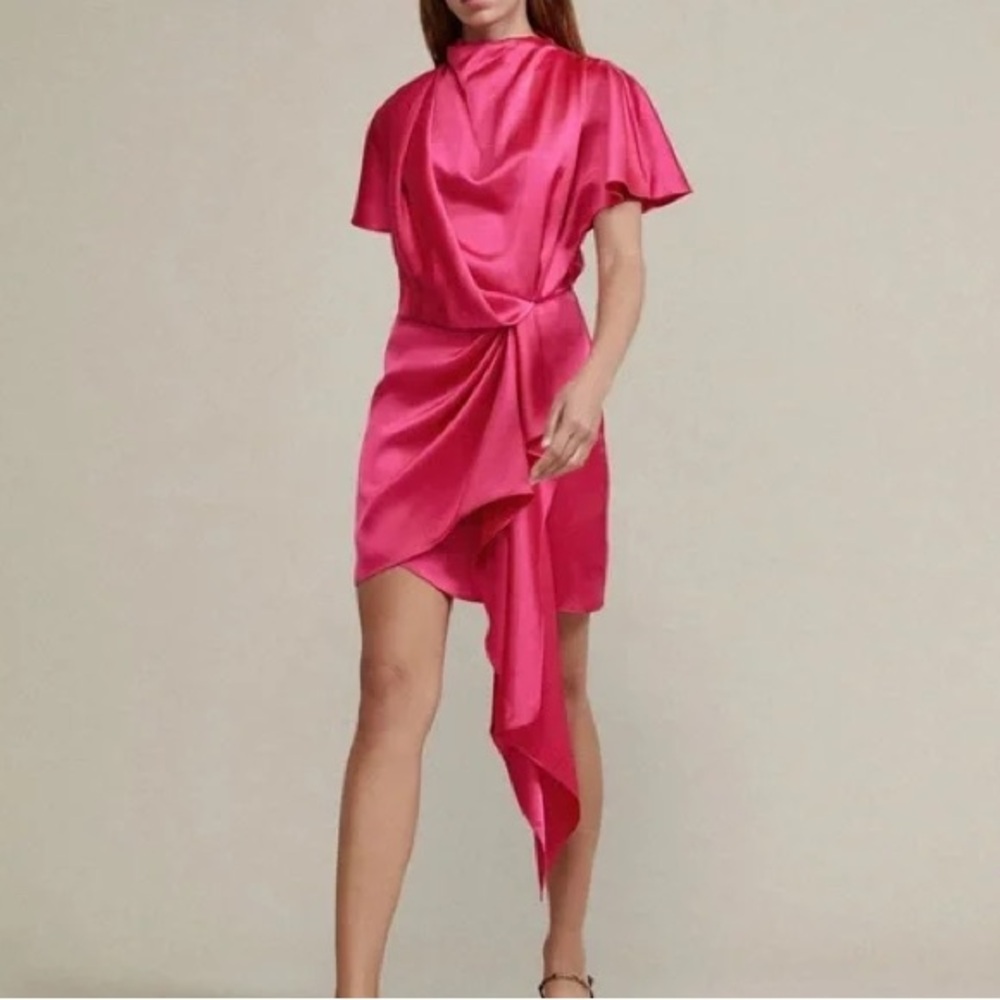 Acler Lochner Satin Draped Mini Dress in Fuchsia